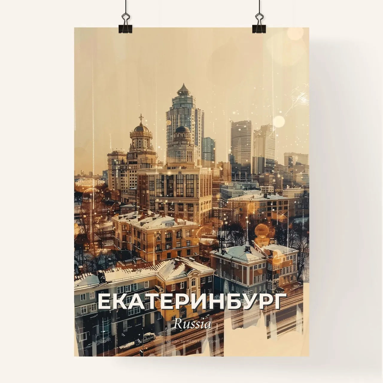 Yekaterinburg: City Sparks on Beige - A city with snow on it Poster