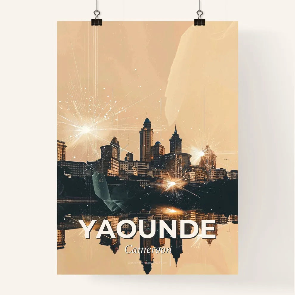 Yaounde City Skyline Double Exposure Art Poster - A city with lights reflecting on water Poster