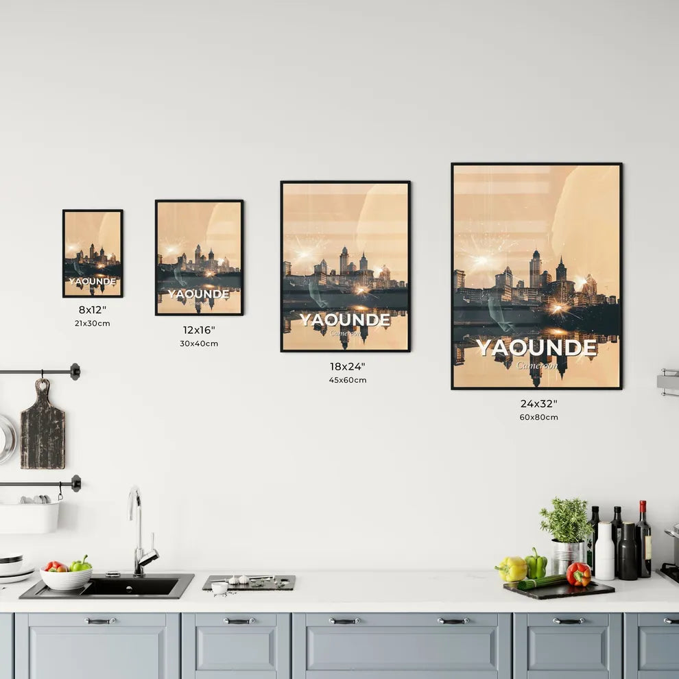 Yaounde City Skyline Double Exposure Art Poster - A city with lights reflecting on water Size Chart