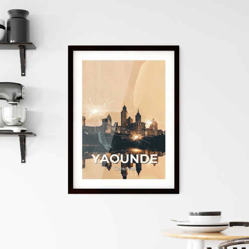 Yaounde City Skyline Double Exposure Art Poster - A city with lights reflecting on water Custom Print
