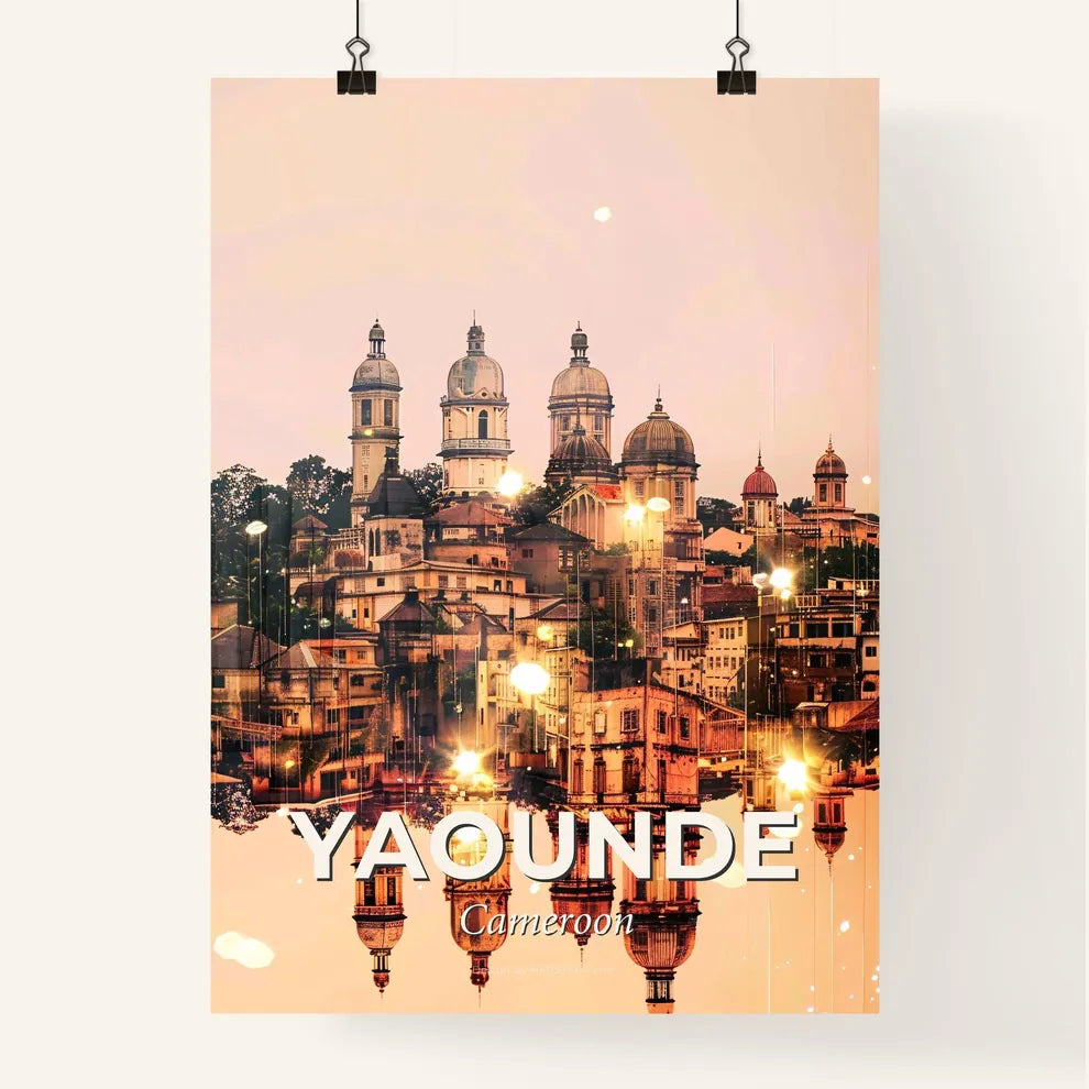 Yaounde Cityscape Horizon Poster Art - A city with many buildings and trees reflected in water Poster