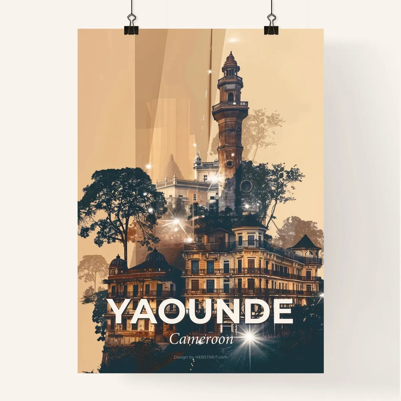 Yaounde Cameroon Skyline Art Bright Beige Background - A building with a tower and trees Poster