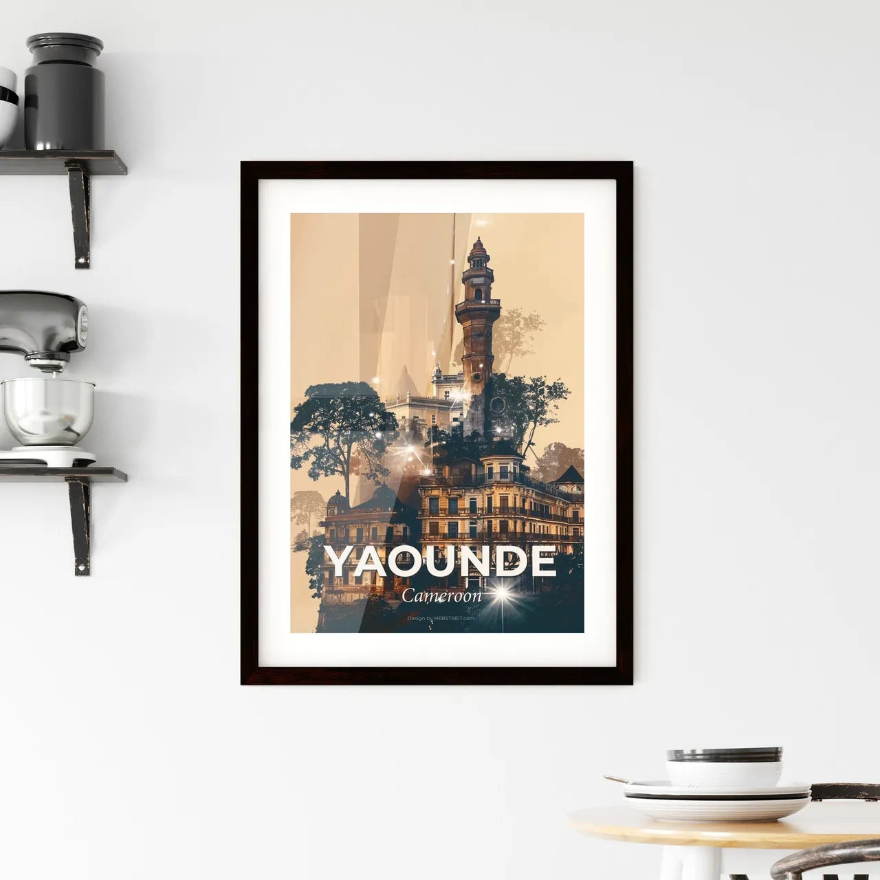 Yaounde Cameroon Skyline Art Bright Beige Background - A building with a tower and trees Custom Print