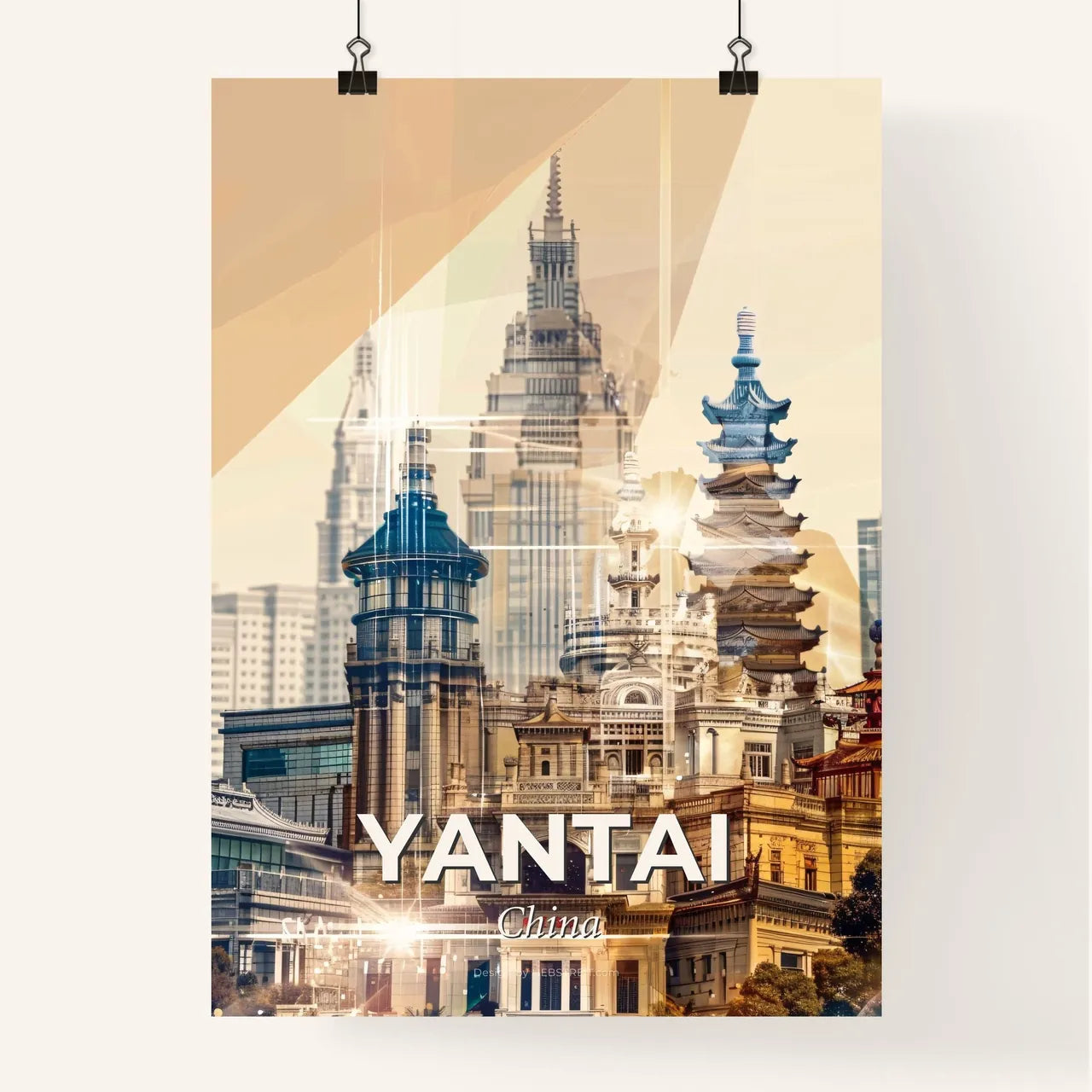 Yantai, China: Double Exposure Skyline Wonder - A city skyline with many buildings Poster
