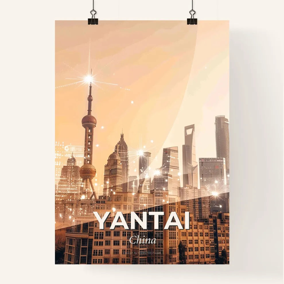 Yantai, China: City Skyline Double Exposure Art - A city skyline with many tall buildings Poster