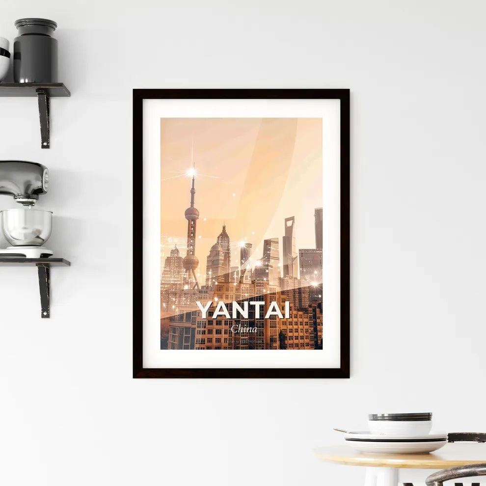 Yantai, China: City Skyline Double Exposure Art - A city skyline with many tall buildings Custom Print