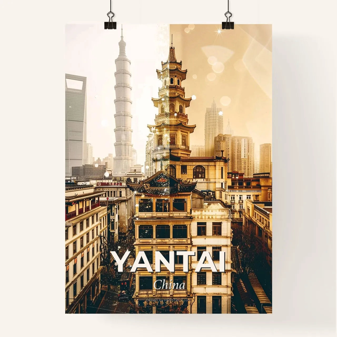 Yantai Skyline Double Exposure Sparkly Beige - A city with a tall tower Poster
