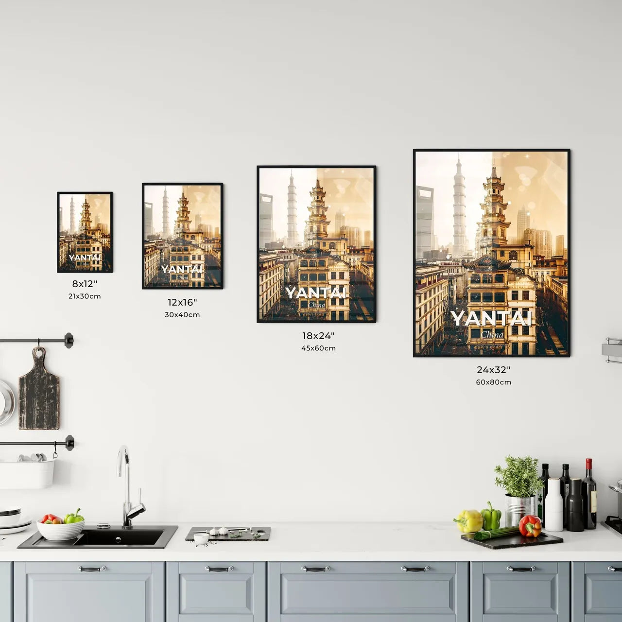 Yantai Skyline Double Exposure Sparkly Beige - A city with a tall tower Size Chart