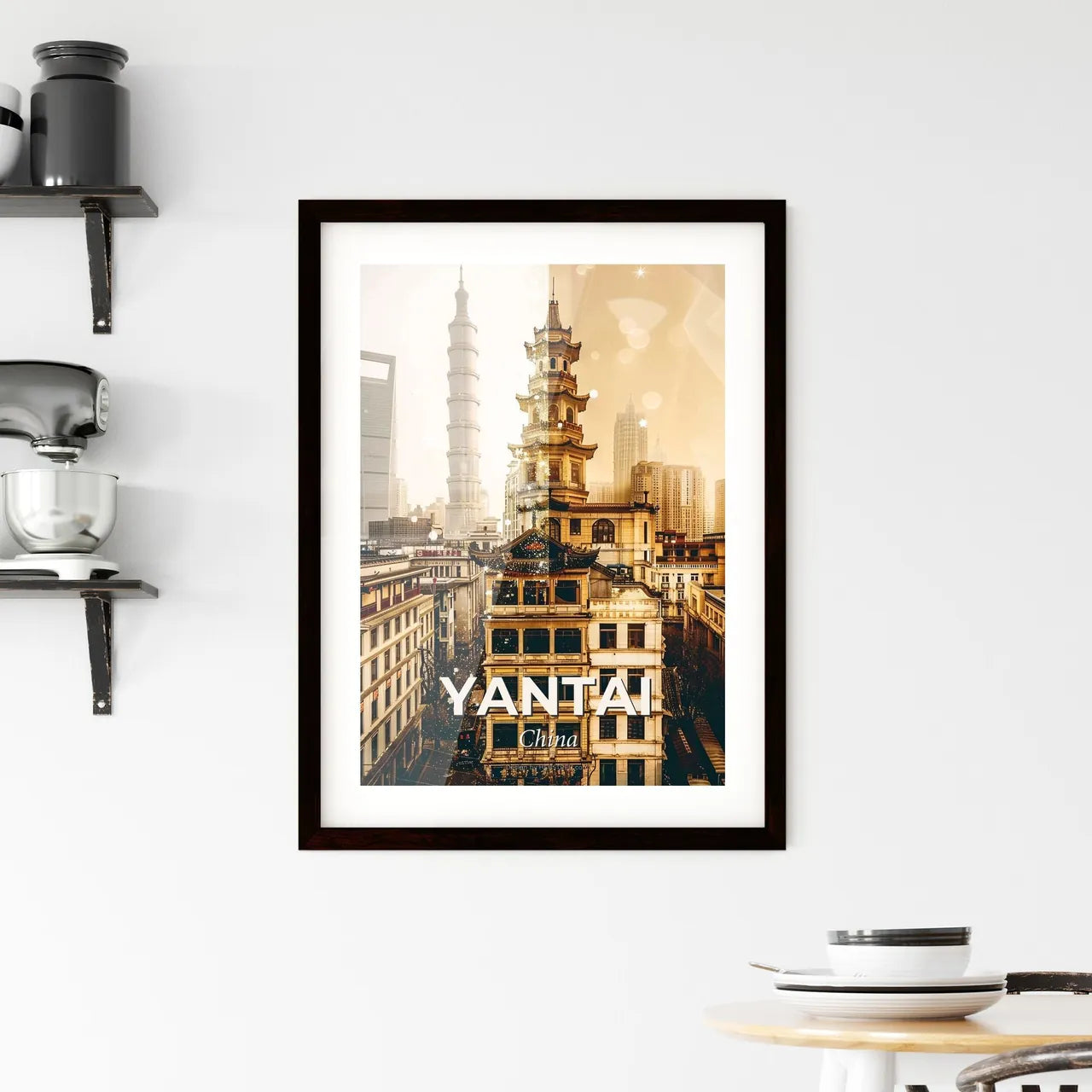 Yantai Skyline Double Exposure Sparkly Beige - A city with a tall tower Custom Print