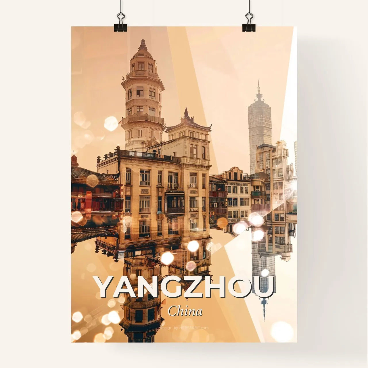 Yangzhou Skyline Double Exposure Cityscape Poster Art - A city with buildings and a reflection of it Poster