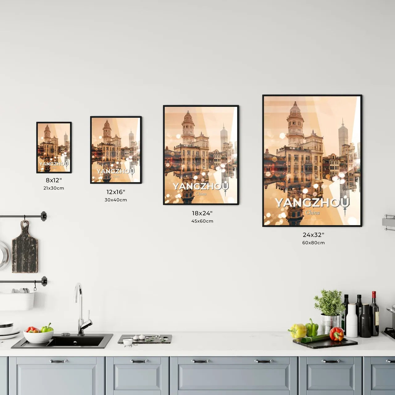 Yangzhou Skyline Double Exposure Cityscape Poster Art - A city with buildings and a reflection of it Size Chart