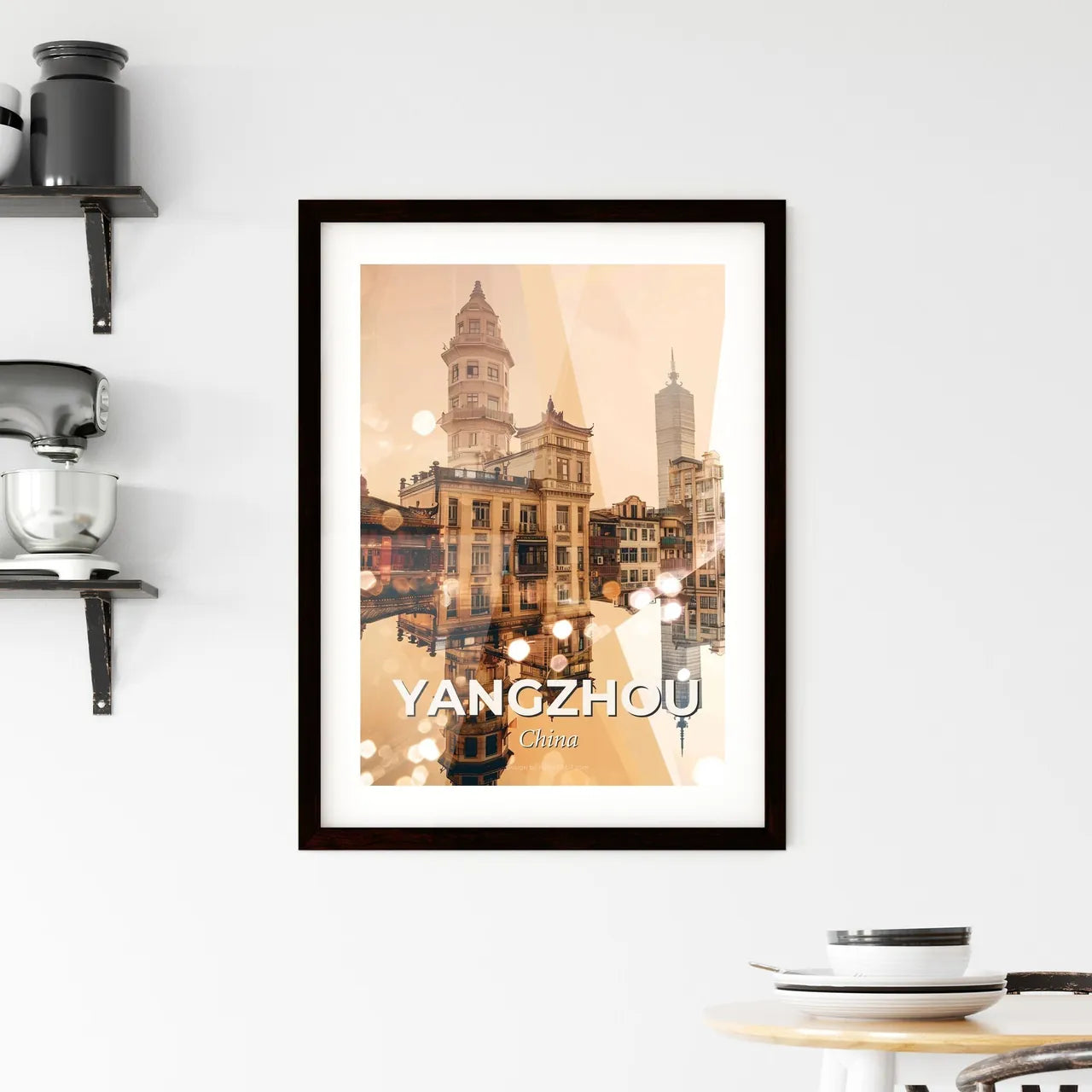 Yangzhou Skyline Double Exposure Cityscape Poster Art - A city with buildings and a reflection of it Custom Print
