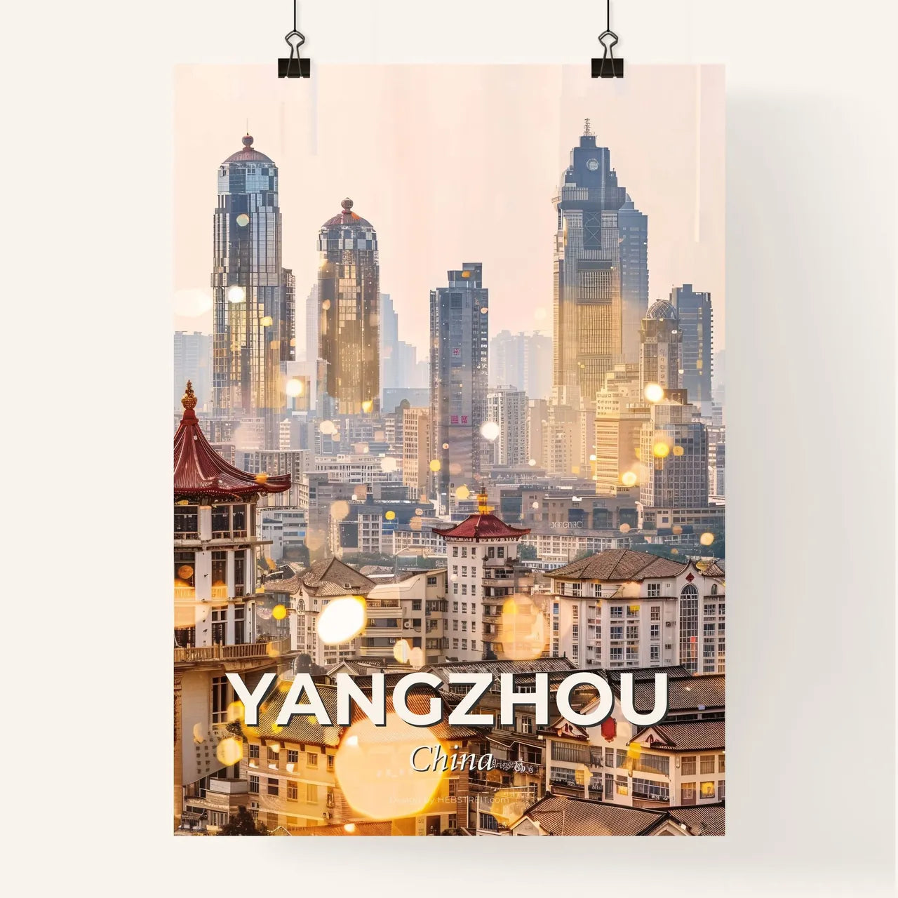Yangzhou, China: City Skyline as Art Deco - A city with many tall buildings Poster