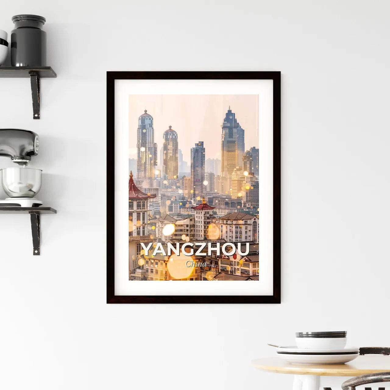 Yangzhou, China: City Skyline as Art Deco - A city with many tall buildings Custom Print