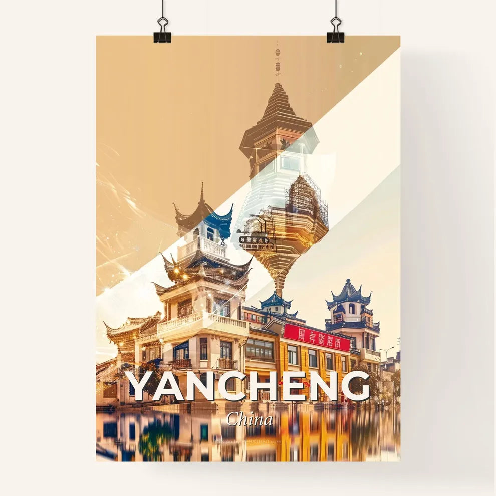 Yancheng City Skyline Poster Art - A city with buildings and a tower Poster