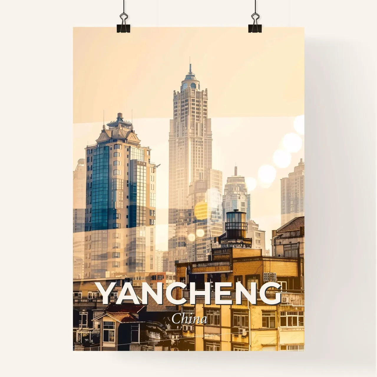 Yancheng skyline art poster bright local colors - A city skyline with many tall buildings Poster