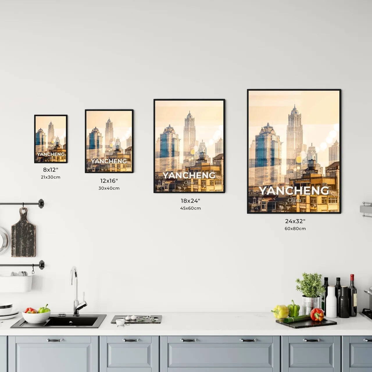 Yancheng skyline art poster bright local colors - A city skyline with many tall buildings Size Chart