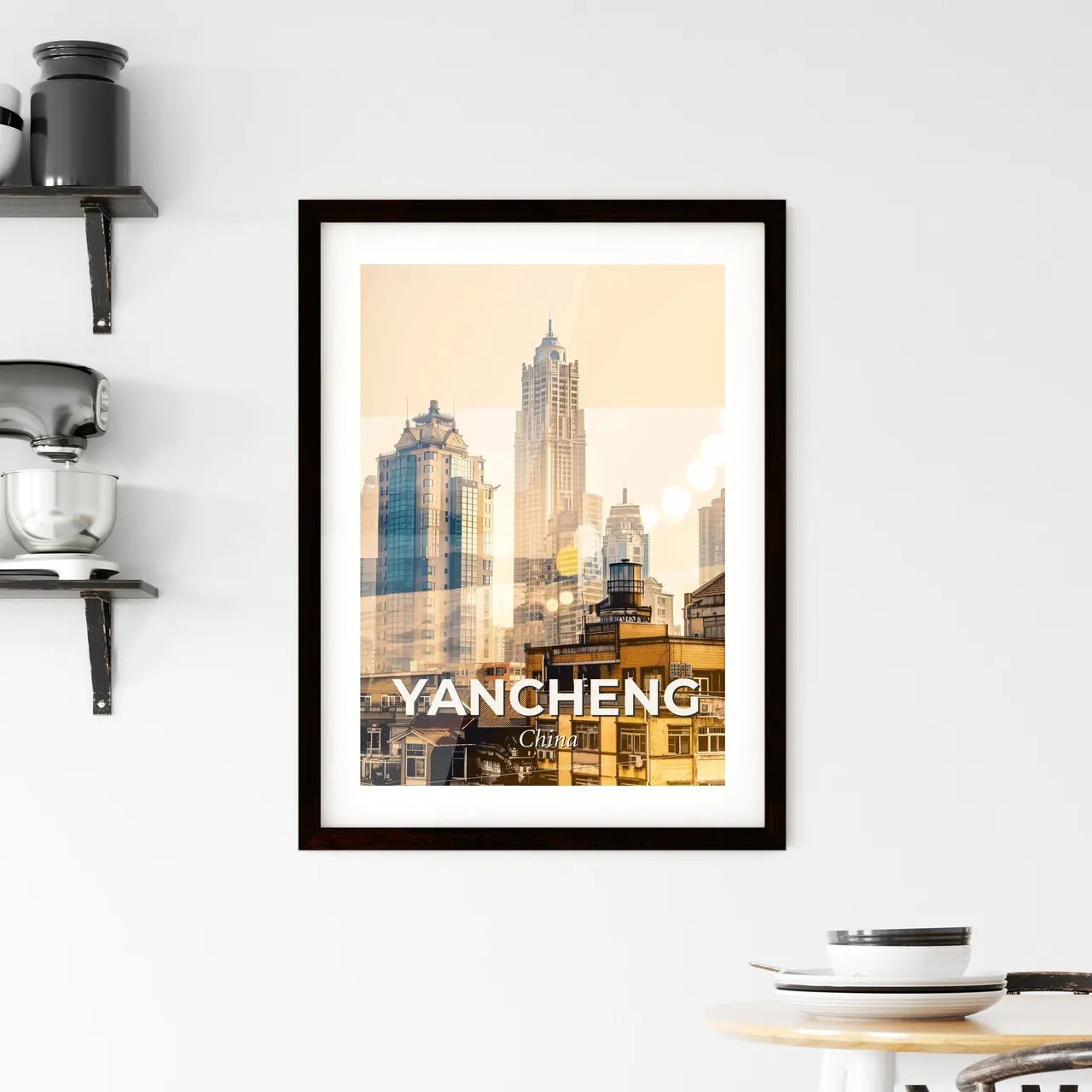 Yancheng skyline art poster bright local colors - A city skyline with many tall buildings Custom Print