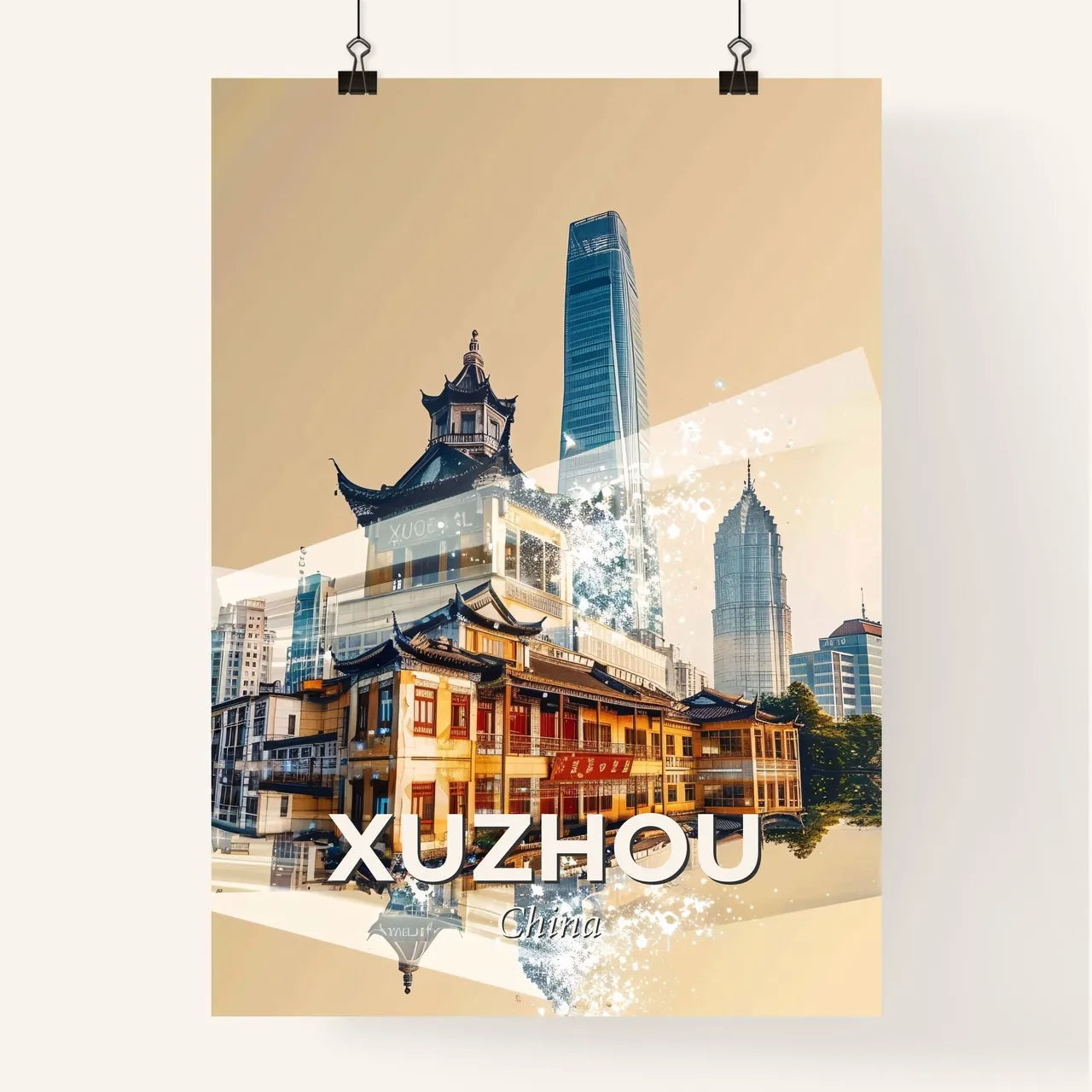 Xuzhou Skyline Art Deco Poster - A city with buildings and a body of water Poster