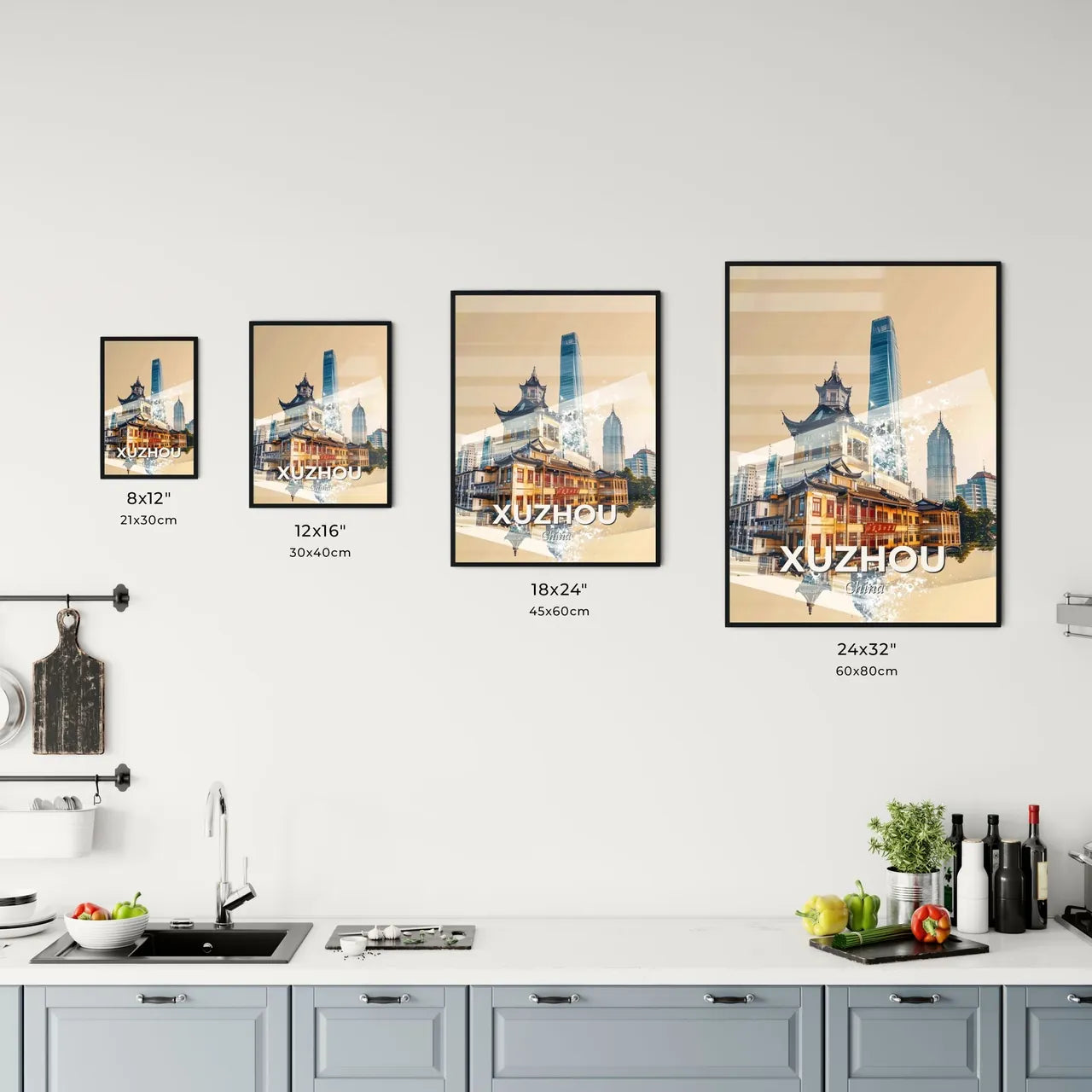 Xuzhou Skyline Art Deco Poster - A city with buildings and a body of water Size Chart