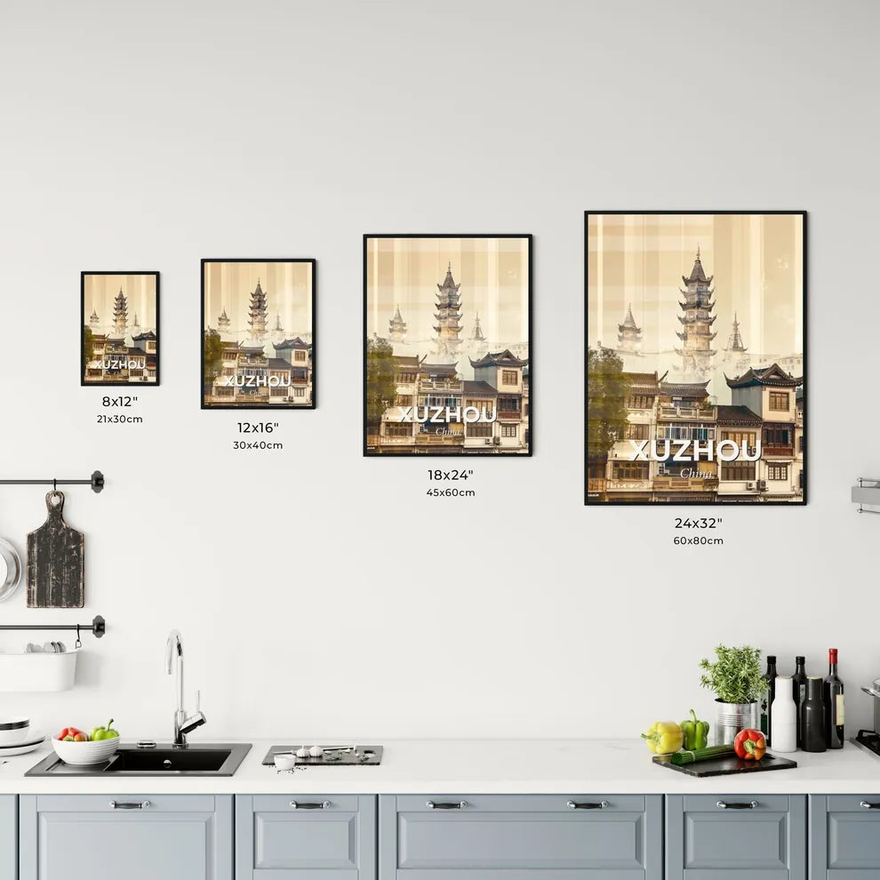 Xuzhou City Skyline Double Exposure Composite Poster - A group of buildings with a tall tower Size Chart