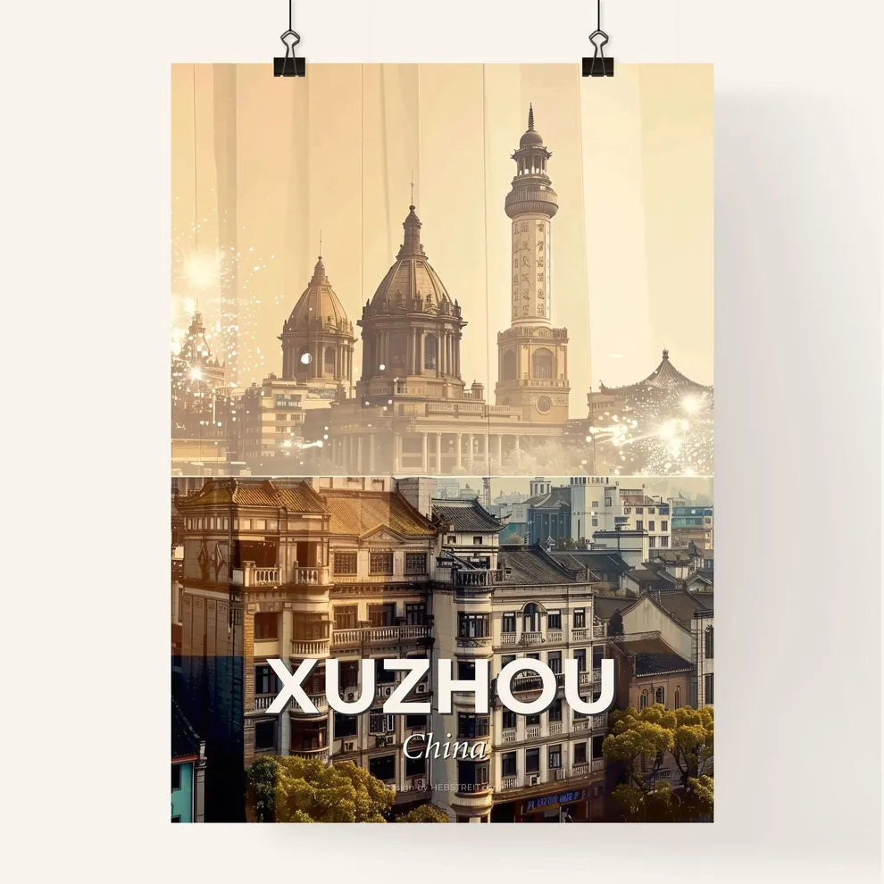 Xuzhou, China: Skyline Art on Beige - A collage of buildings and fireworks Poster