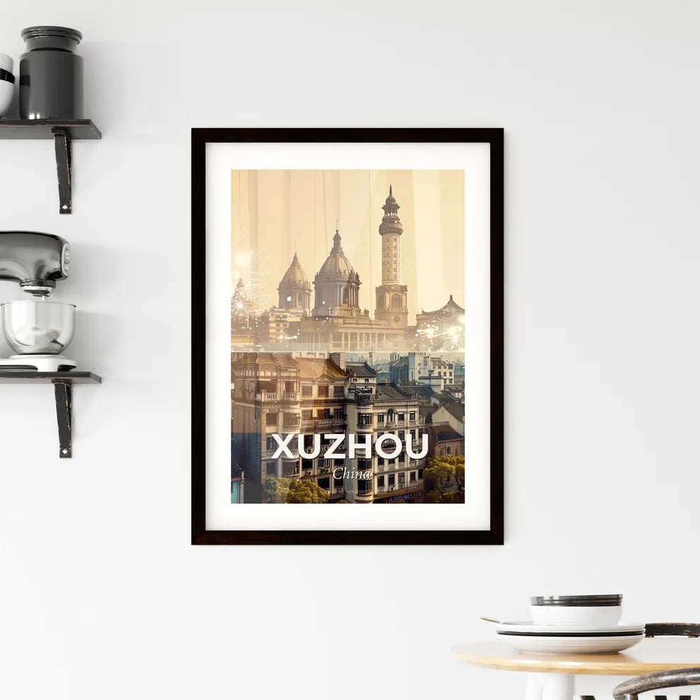 Xuzhou, China: Skyline Art on Beige - A collage of buildings and fireworks Custom Print