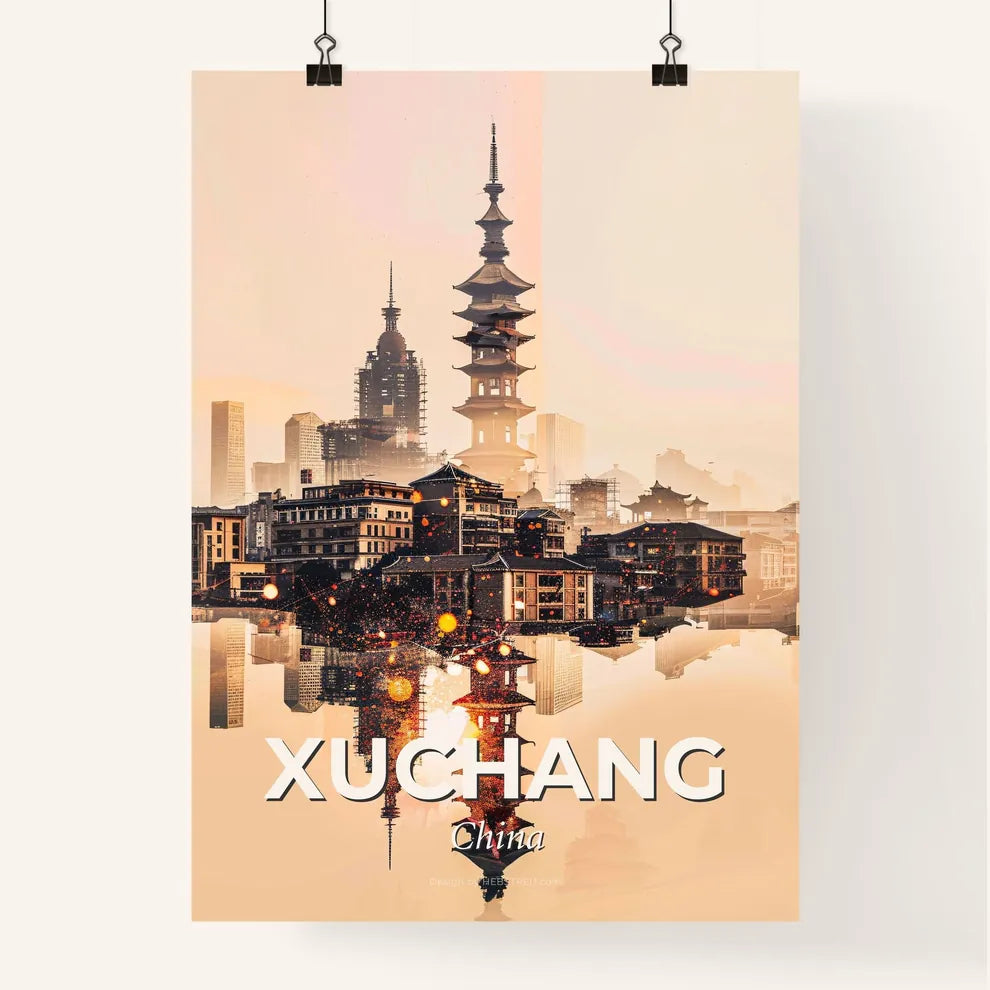 Xuchang Skyline Double Exposure Art - A city with a tall tower and buildings reflected in water Poster