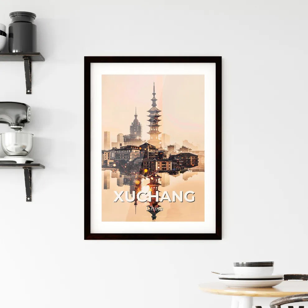 Xuchang Skyline Double Exposure Art - A city with a tall tower and buildings reflected in water Custom Print