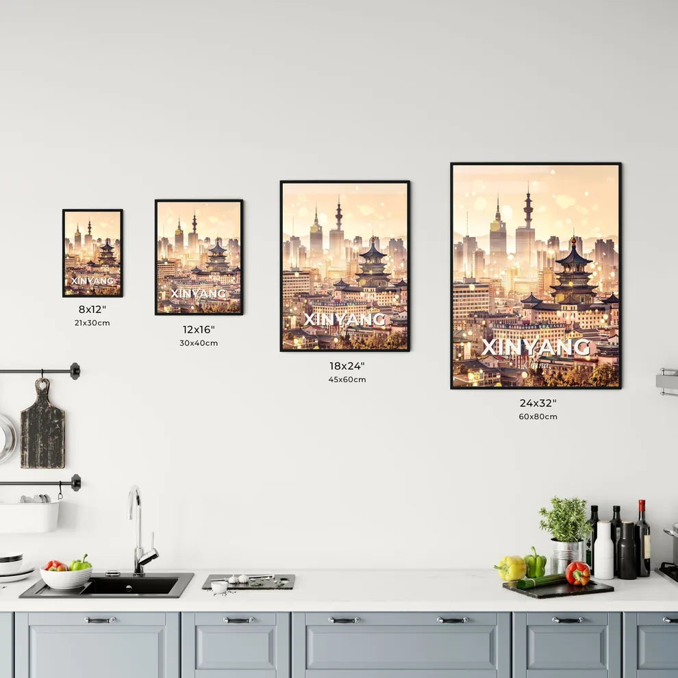Xinyang Cityscape Art Deco Skyline Poster - A city with many buildings Size Chart