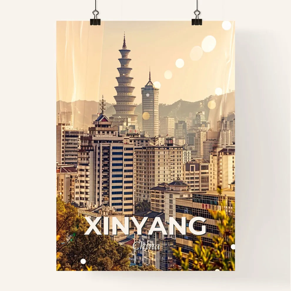 Xinyang Skyline Cityscape Art Modern Local - A city with tall buildings and trees Poster