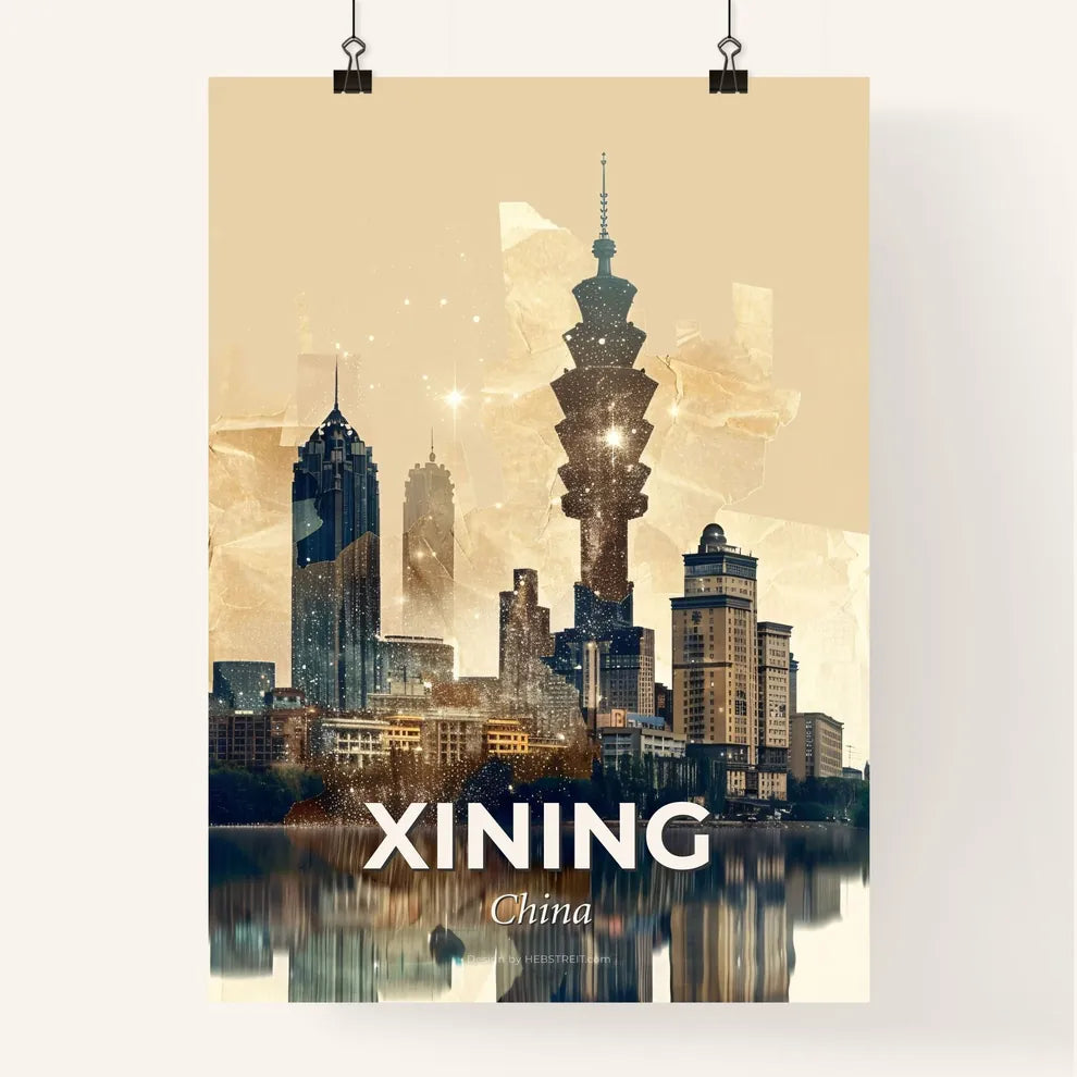 Xining City Splendor: Dual Exposure Skylines Art - A city skyline with many tall buildings and a body of water Poster