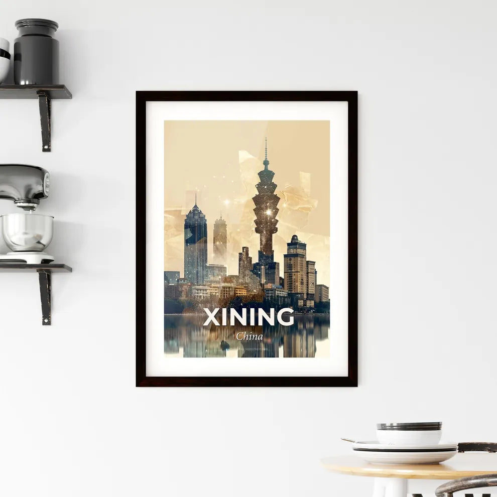 Xining City Splendor: Dual Exposure Skylines Art - A city skyline with many tall buildings and a body of water Custom Print