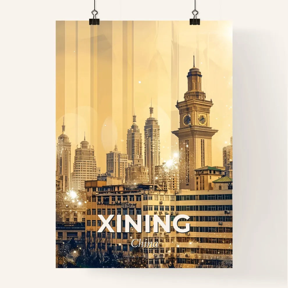 Xining Skyline Composite Art, Bright Sparks - A city with a clock tower Poster