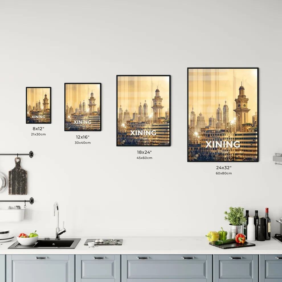 Xining Skyline Composite Art, Bright Sparks - A city with a clock tower Size Chart