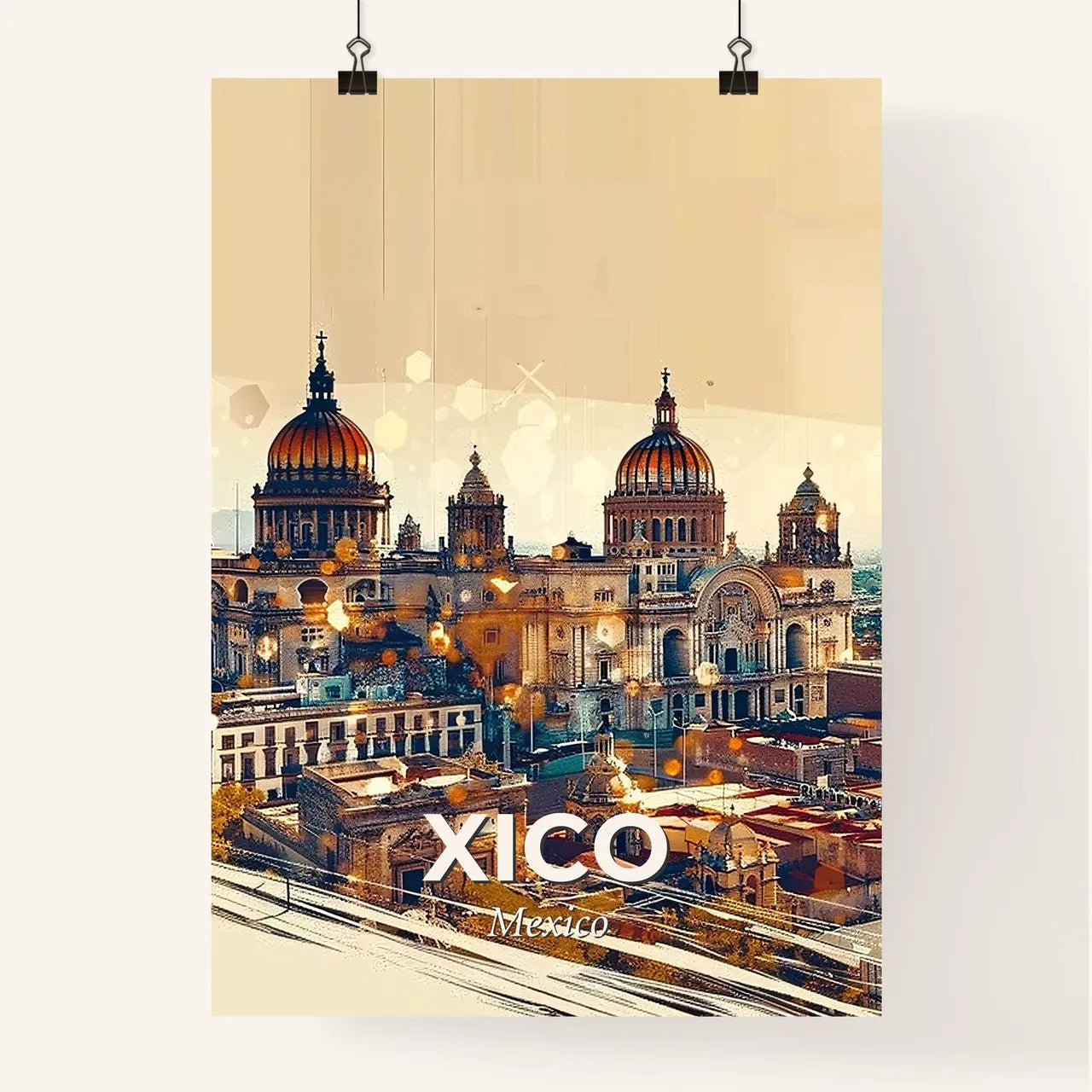 Xico, Mexico: City Skyline Composite Poster Art - A large building with domes and a city skyline Poster