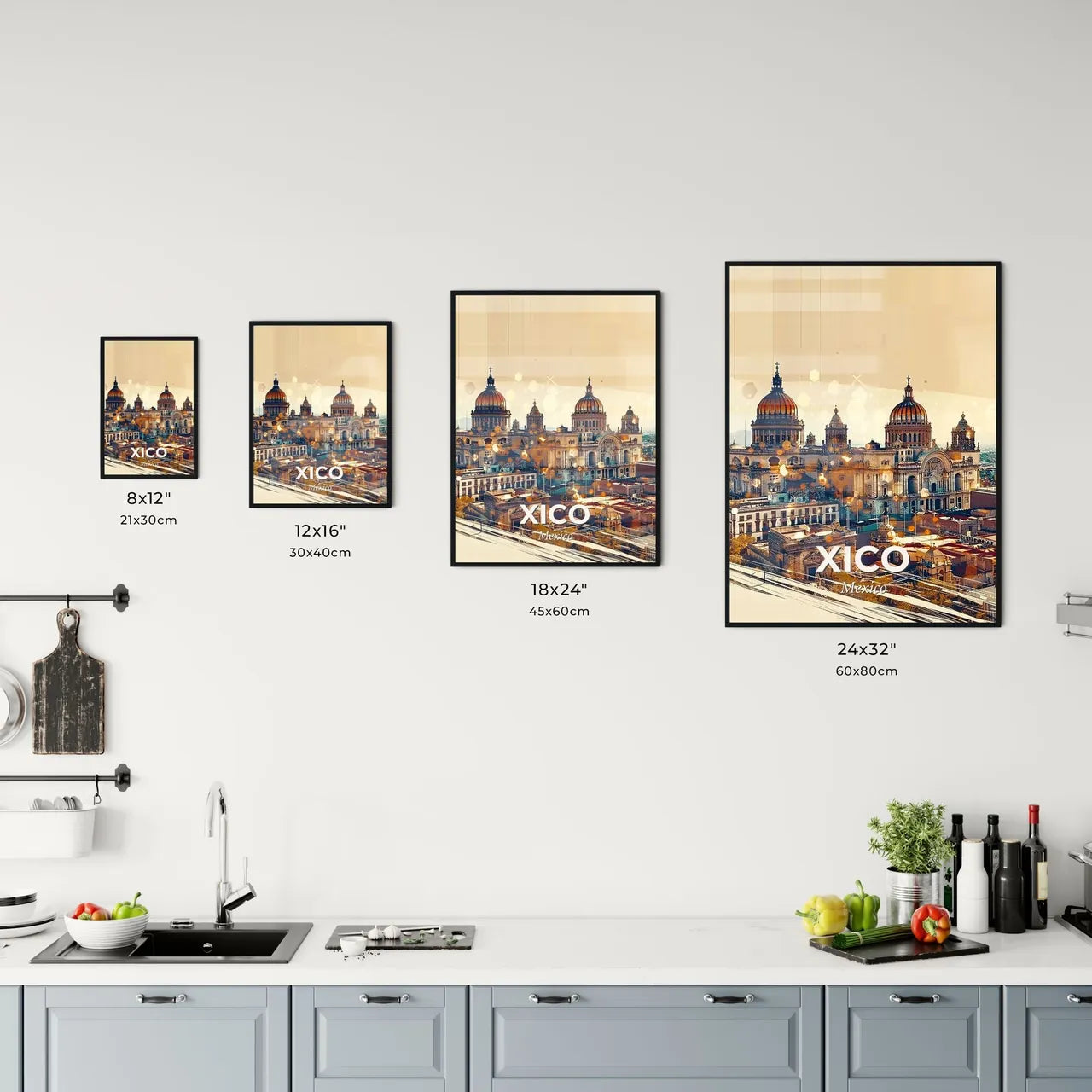 Xico, Mexico: City Skyline Composite Poster Art - A large building with domes and a city skyline Size Chart