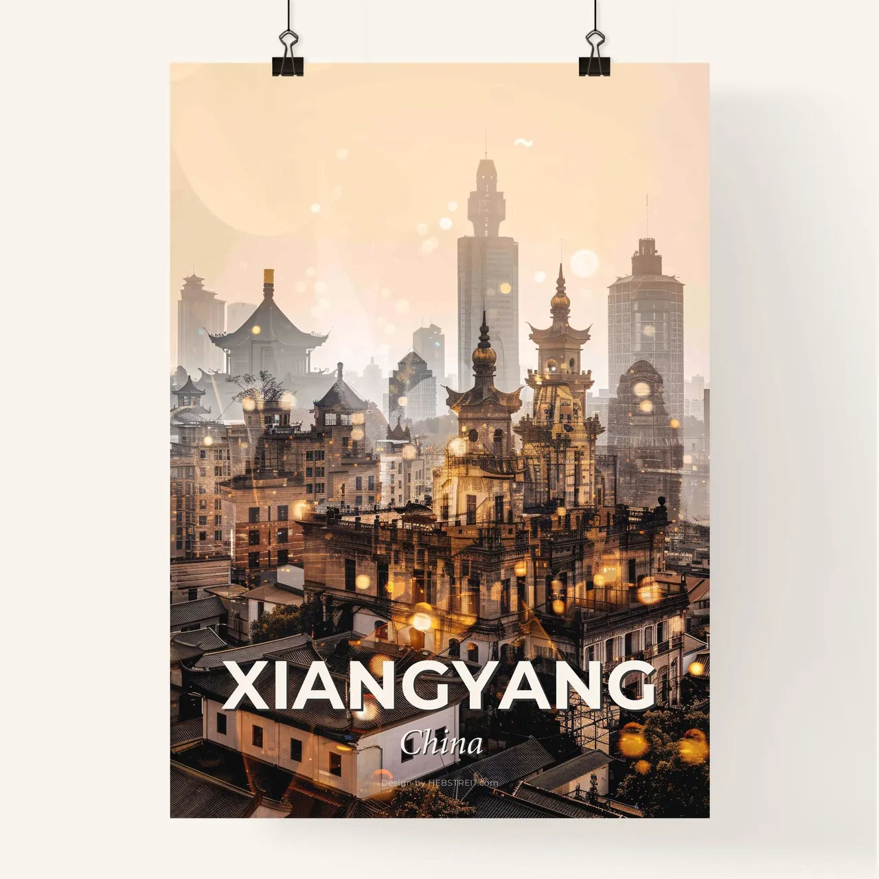 Xiangyang City Skyline Double Exposure Poster Art - A city with many buildings Poster