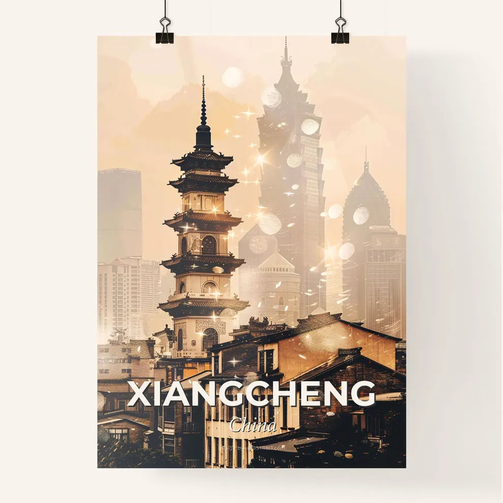 Xiangcheng Skyline Composite Art Double Exposure - A tall tower in a city Poster