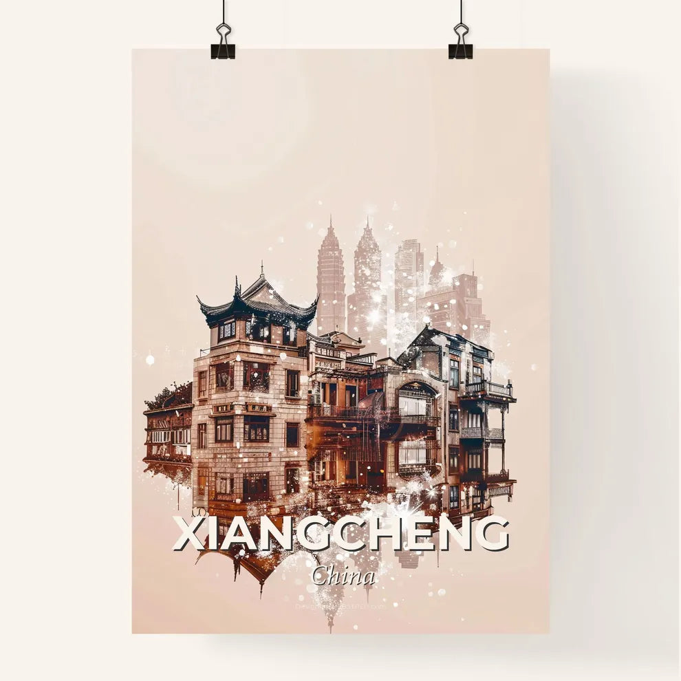 Xiangcheng Cityscape Art: Intricate Double Exposure Delight - A building with many windows and a city in the background Poster