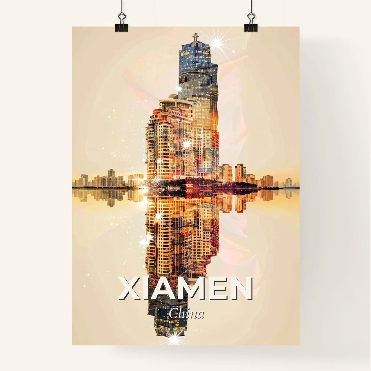 Xiamen Modern City Skyline Double Exposure Art Poster - A city skyline reflected in water Poster