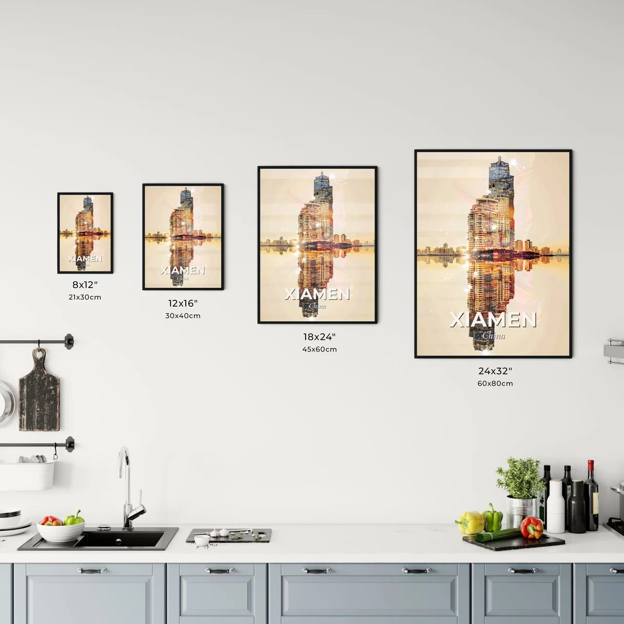 Xiamen Modern City Skyline Double Exposure Art Poster - A city skyline reflected in water Size Chart