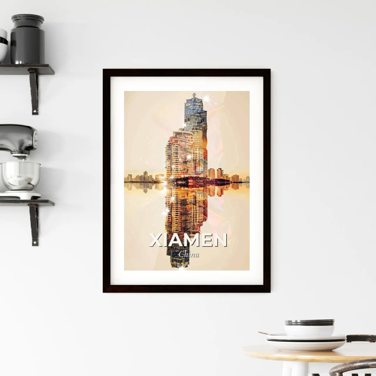 Xiamen Modern City Skyline Double Exposure Art Poster - A city skyline reflected in water Custom Print
