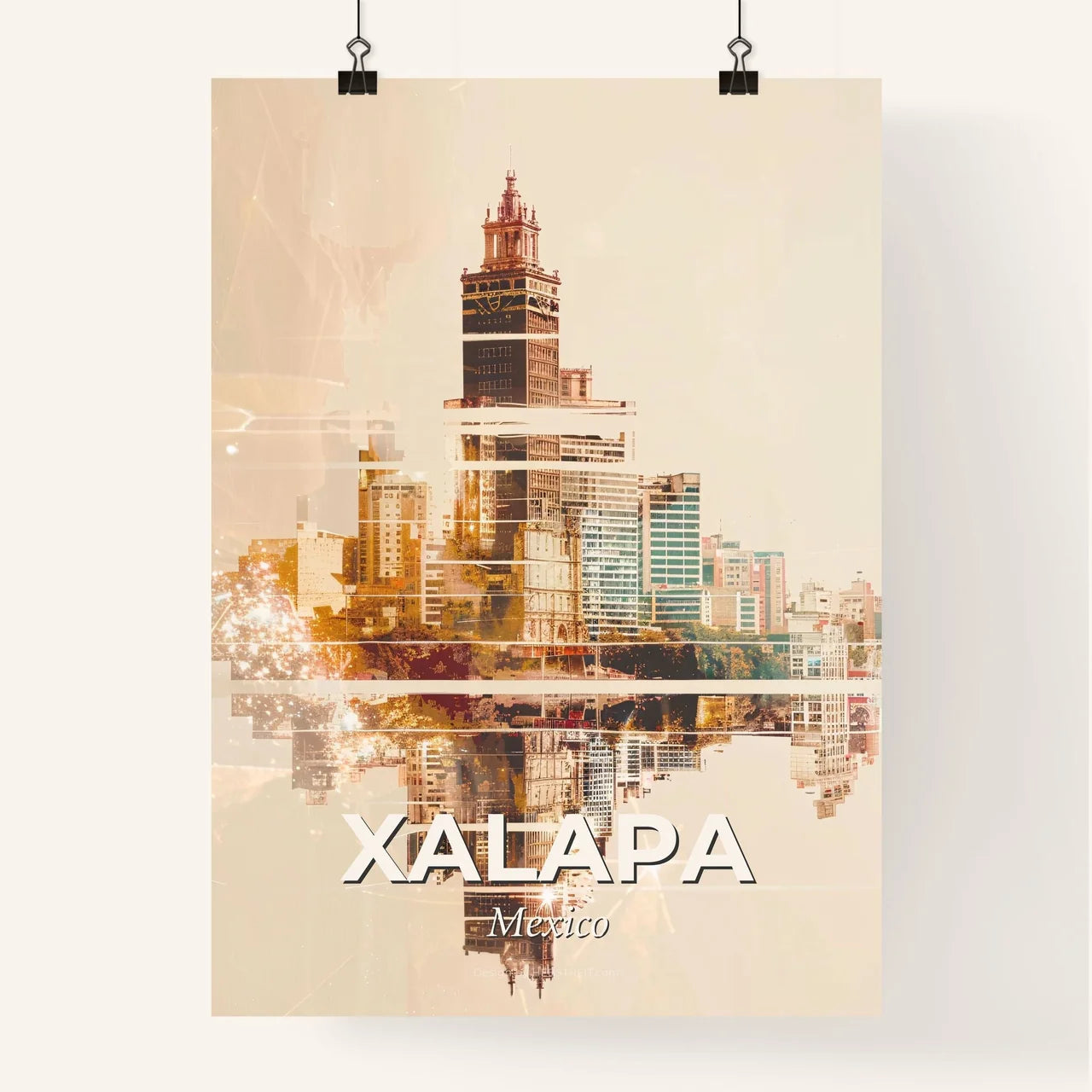 Xalapa Urbanity: Bright City Lights & Colorful Heritage - A city skyline with many buildings reflected in water Poster