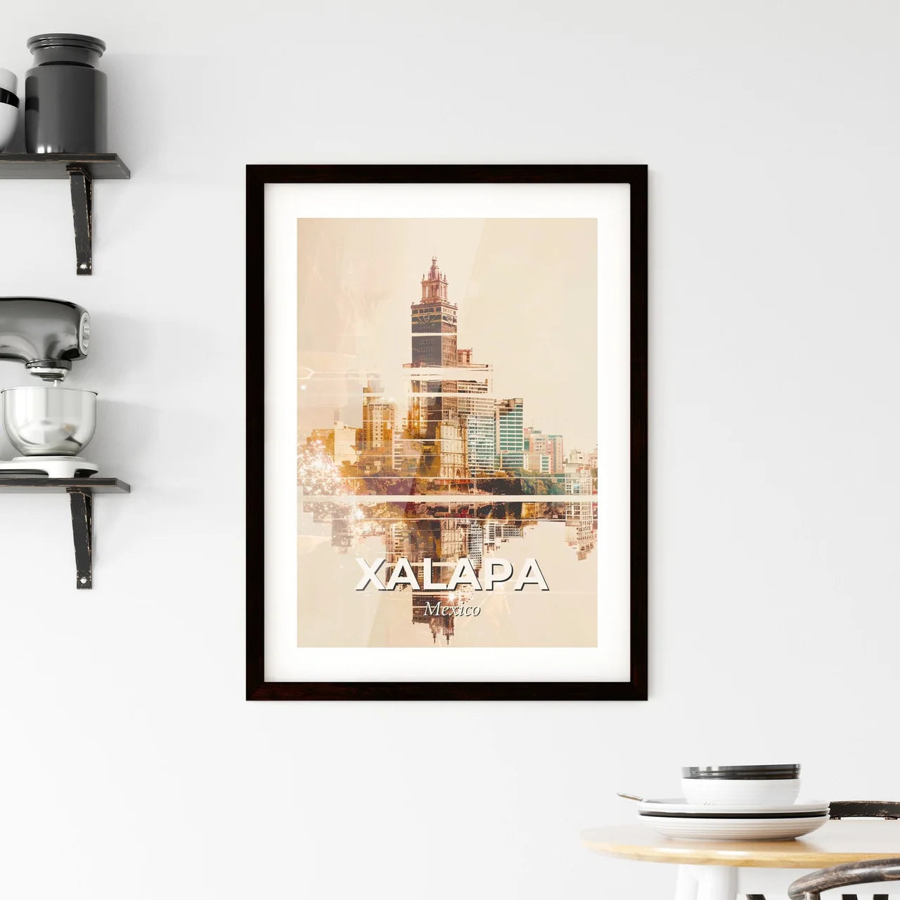 Xalapa Urbanity: Bright City Lights & Colorful Heritage - A city skyline with many buildings reflected in water Custom Print