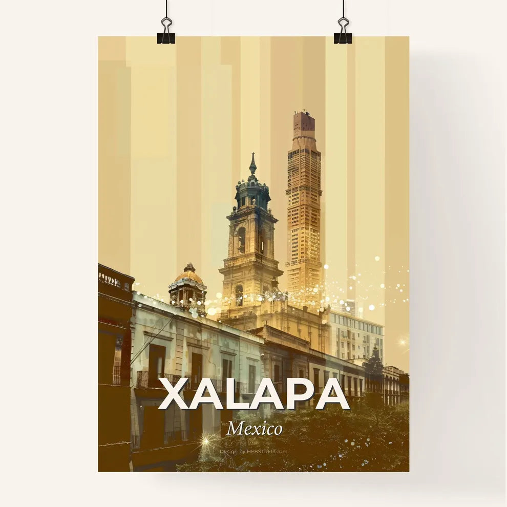Xalapa: Panoramic Double Exposure Skyline Art - A tall building with a tower Poster