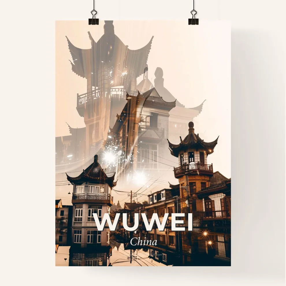 Wuwei Cityscape Silhouette Night Lights - A double exposure of buildings and a reflection of a building Poster