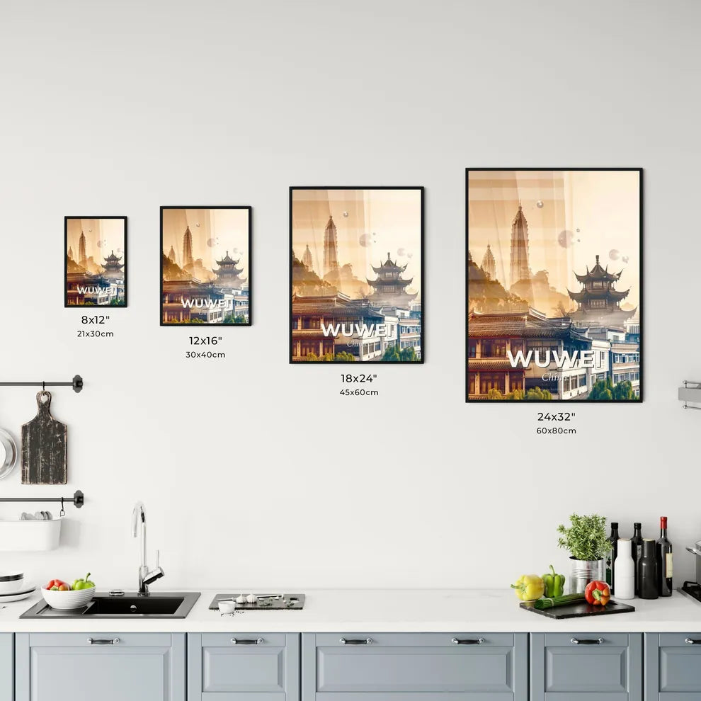 Wuwei City Skyline Art Poster - A city with buildings and a tall building Size Chart