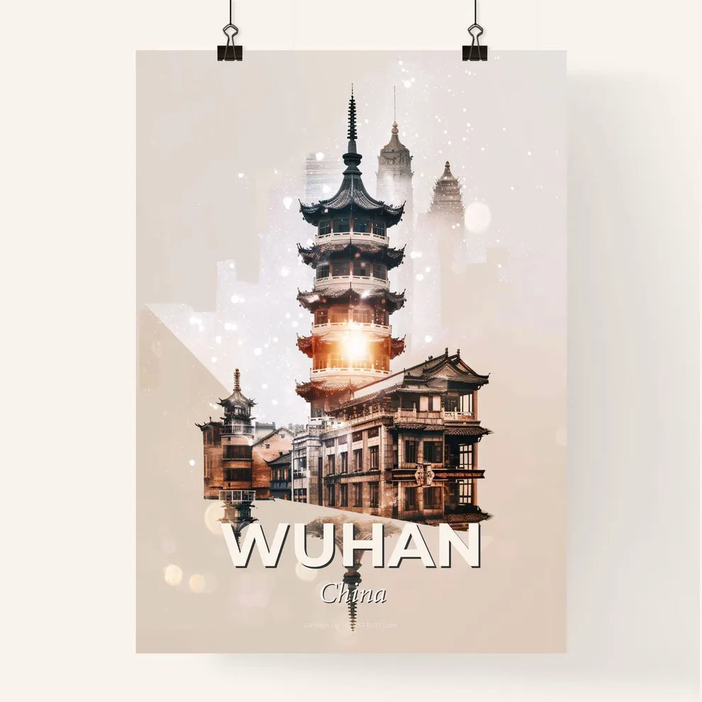 Wuhan Night Skyline Art Deco Cityscape Poster - A building with a tower Poster