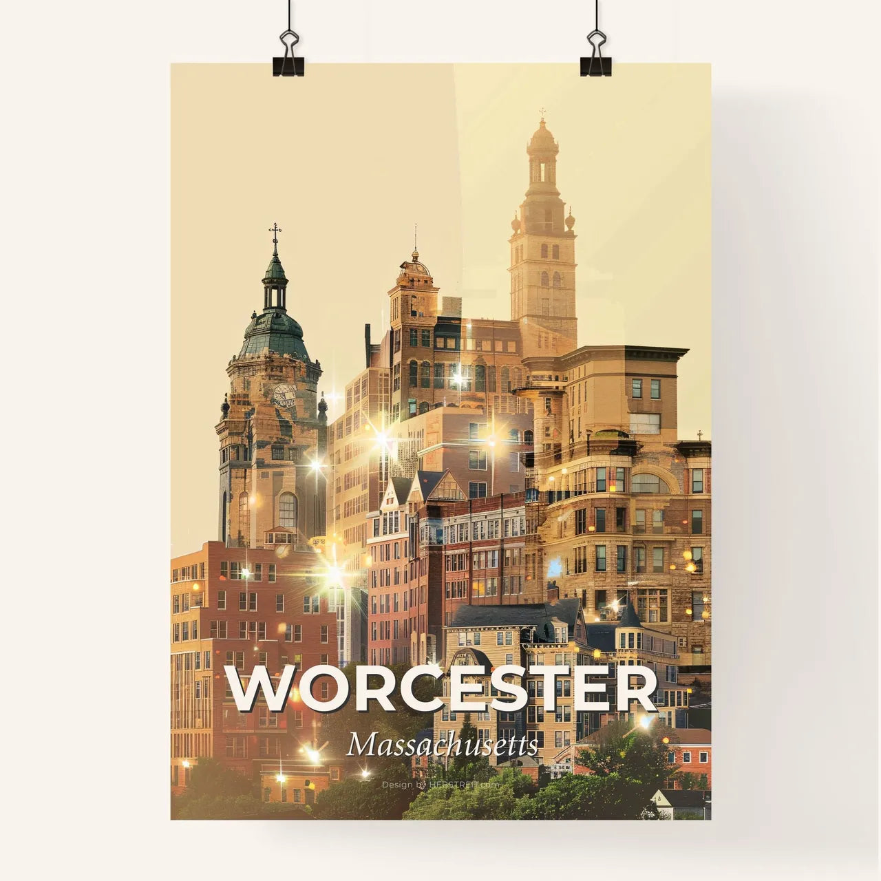 Worcester City Skyline Double Exposure Art - A city skyline with many buildings Poster